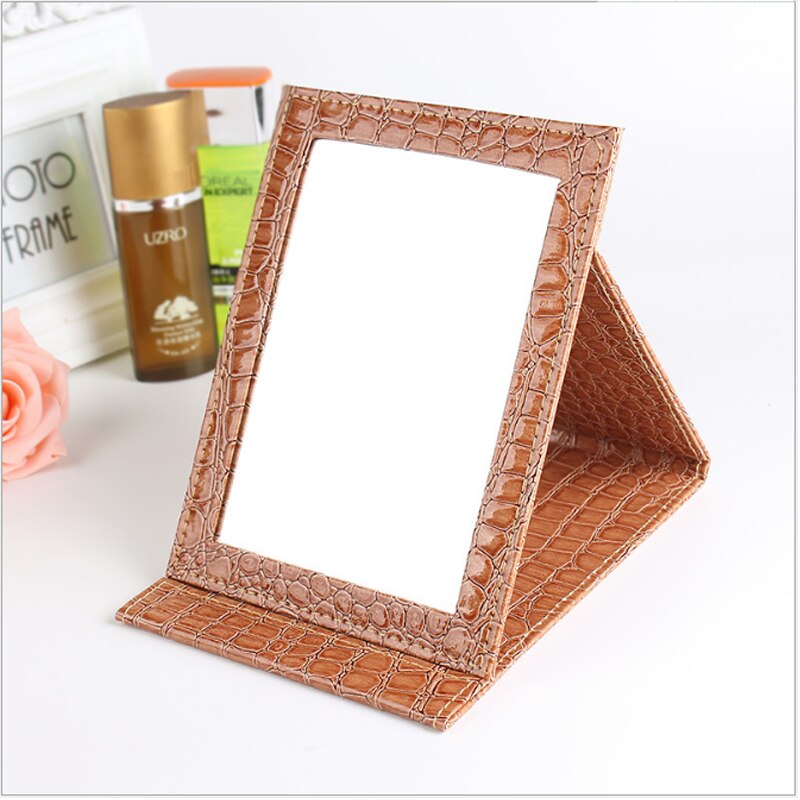 Espejo de piel sintética con estampado de cocodrilo para mujer, espejo de maquillaje portátil, plegable, de belleza, 3 colores y tamaños diferentes: Brown(S)