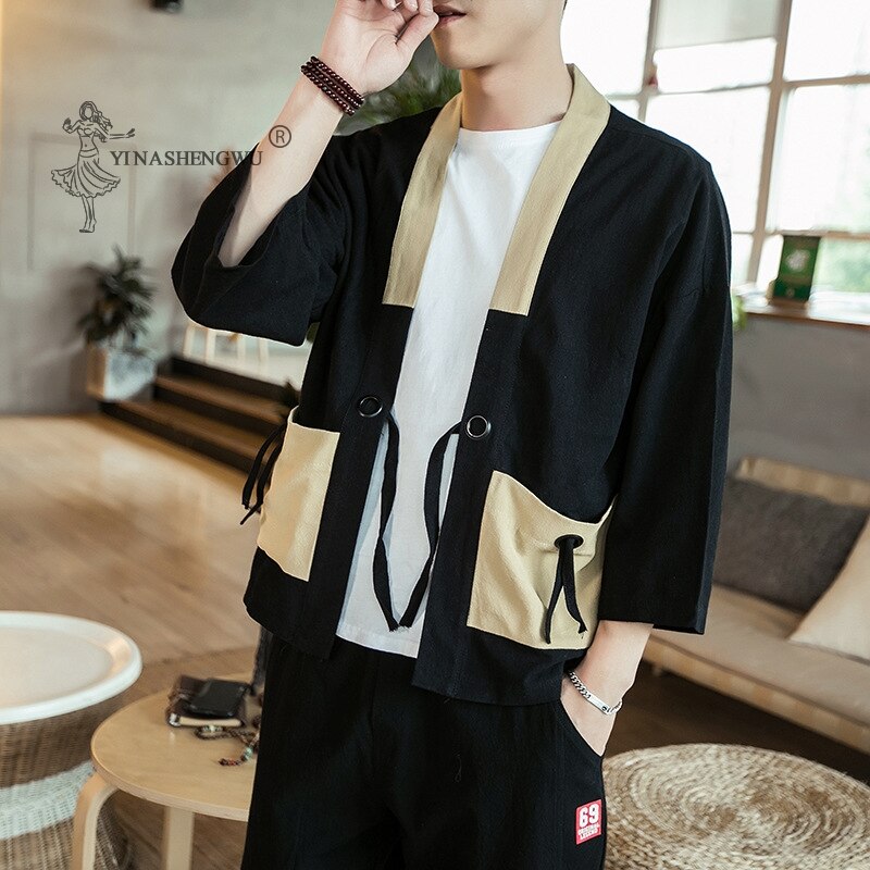 Japanese Kimono Samurai Costume Men Print Yukata Coat Harajuku Style Shirt Japan Male Traditional Embroidery Haori Cardigan