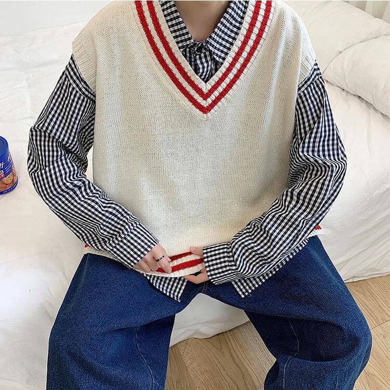 Herr tröja väst v-hals print lösa trendiga harajuku män student fritid chic sida split enkla outwear varm mjuk
