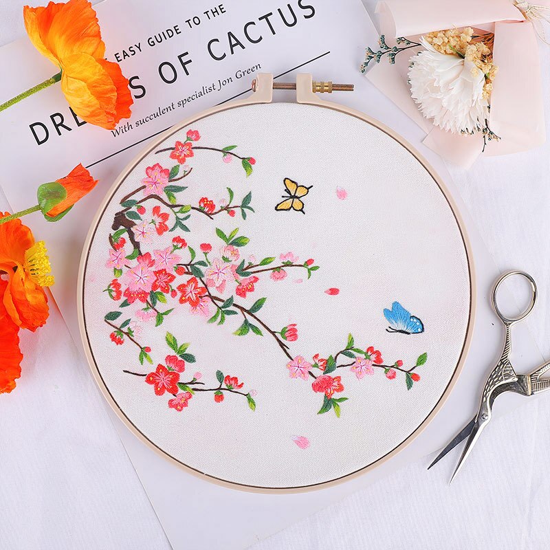Chinese Flower Pattern Printed DIY Embroidery Kit with Hoop Handmade Needlework Cross Stitch Painting Sewing Craft Home Decor: 1