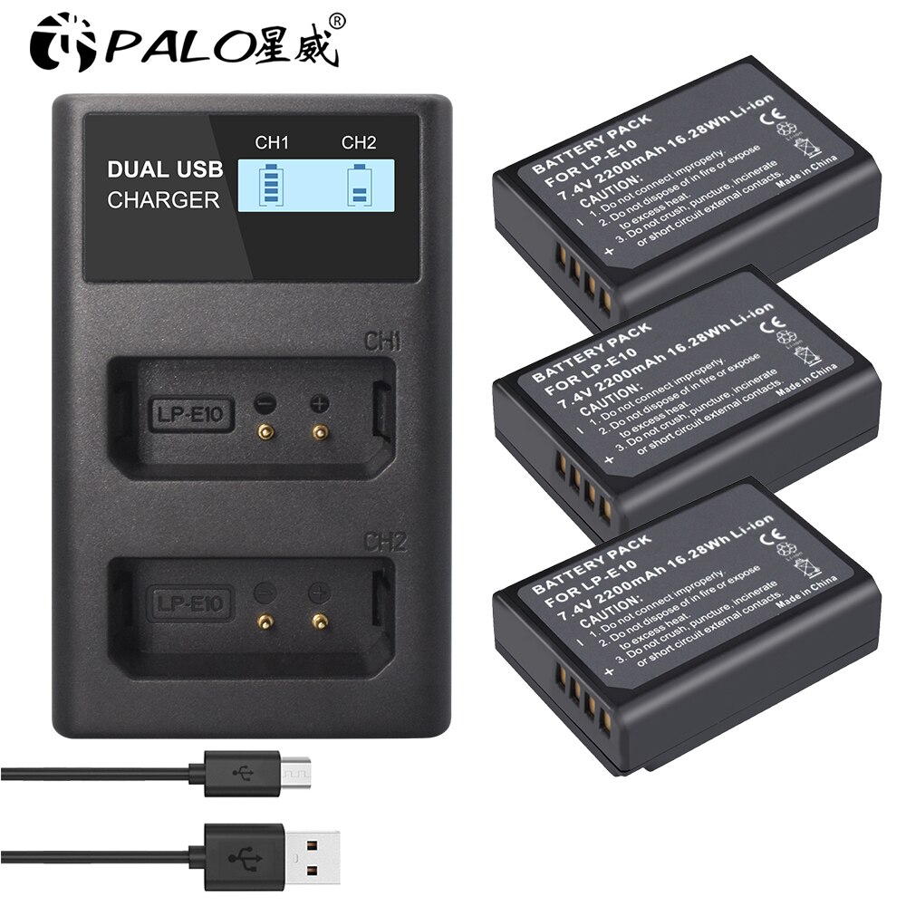 PALO 1pc 2200mAh LP-E10 LP E10 LPE10 batería para cámara Digital para Canon 1100D 1200D 1300D rebelde T3 T5 beso X50 X70 batería: 3battery and charger
