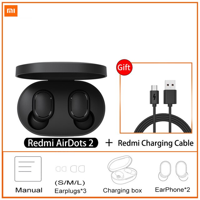 Xiaomi-auriculares Redmi Airdots 2 TWS con Bluetooth 5,0, auriculares estéreo de graves con micrófono, auriculares manos libres con reducción de ruido y Control IA: AirDots 2 Add Cable