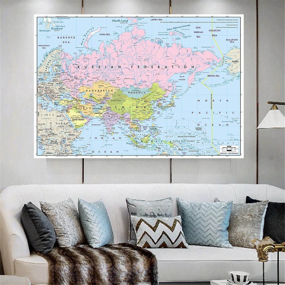225*150cm The Asia Political Map Wall Art Poster Non-woven Canvas Painting Classroom Home Decor School Supplies