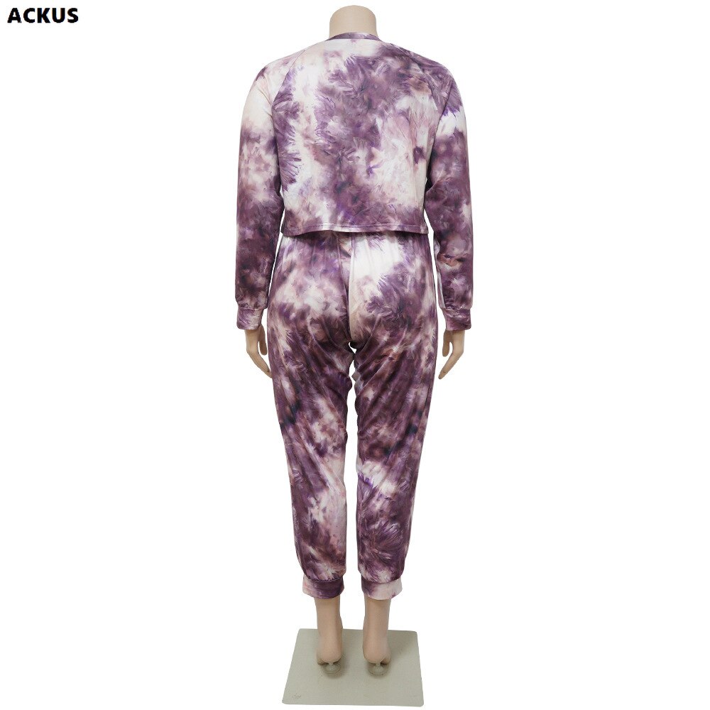 Ackus Vrouwen Plus Size Set Tie Dye Crop Tosp + Stretchy Broek Twee 2 Stuk Sets Mode Outfit Casual Trainingspak sweatsuit Herfst