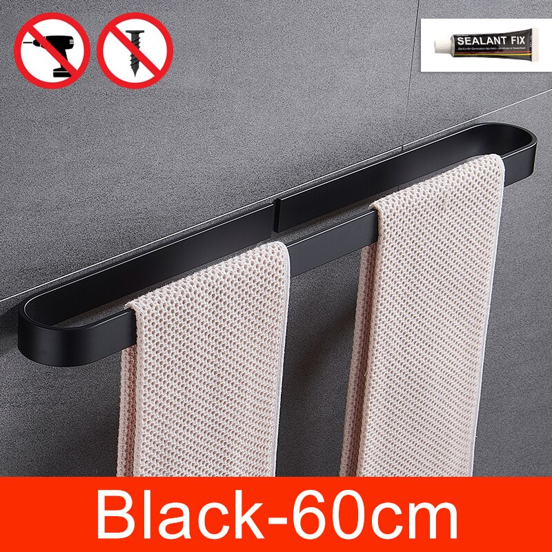 Self-adhesive Black Bath Towel Holder Bathroom Towel Rack No Punch Towel Rail Rack Towel Holder Bath Storage Shelf ML65B: Black-60cm