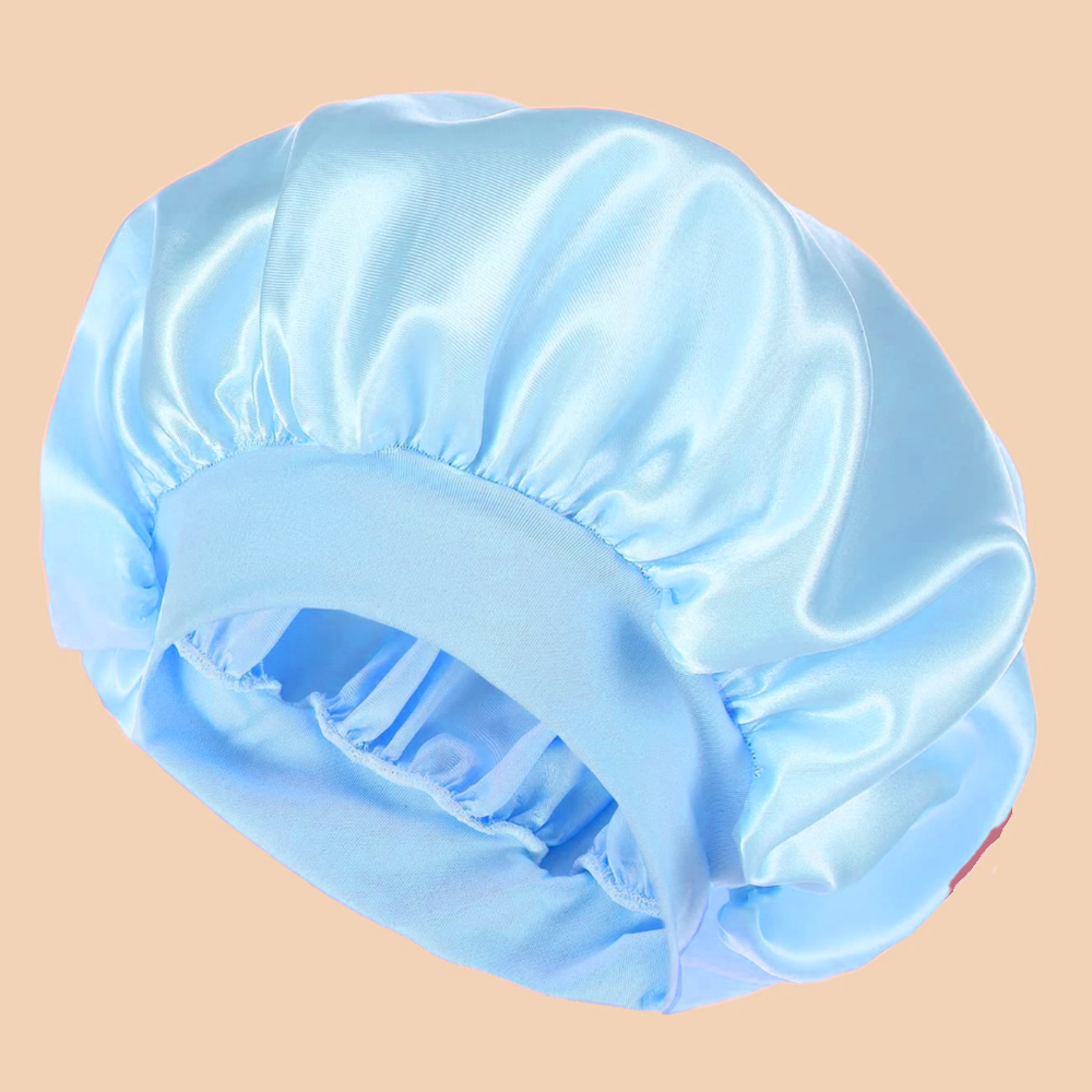 1 Stück einfarbige Duschhaube aus Satin- mit breiter Krempe für Damen, geeignet für Höhle täglichen Gebrauch, Seidenhaube, Satinhaube: Himmel Blau