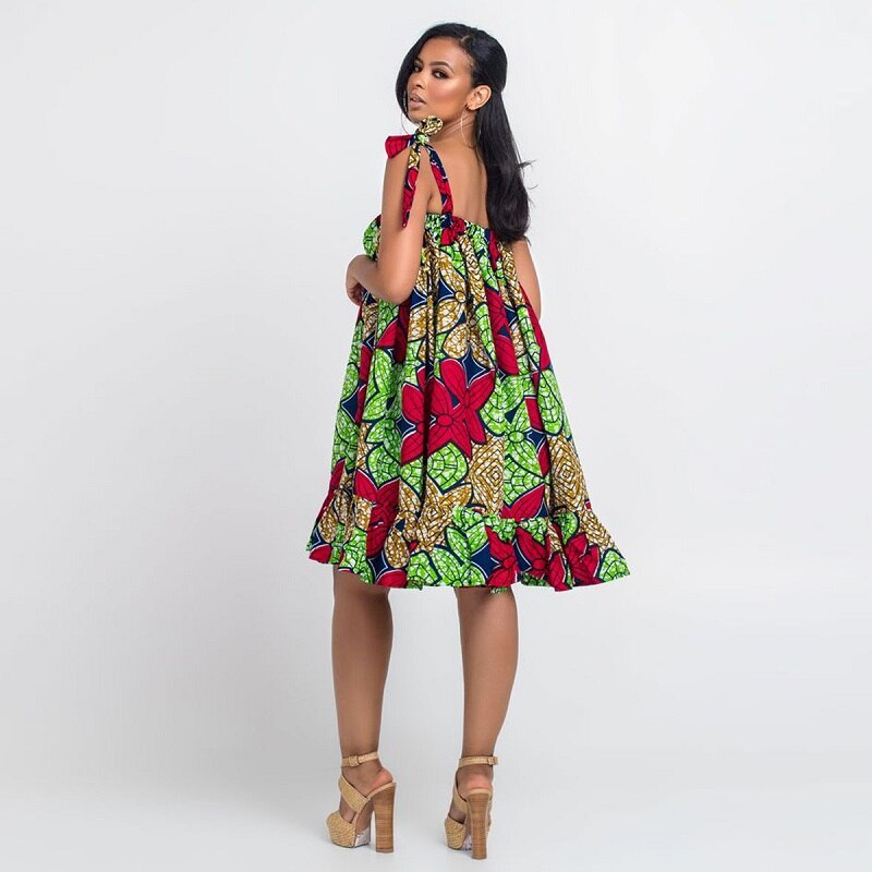 Plus Size African Dresses for Women Dashiki Bazin Ankara Slip Dress African Print Sleeveless Ruffle Midi Beach Dress