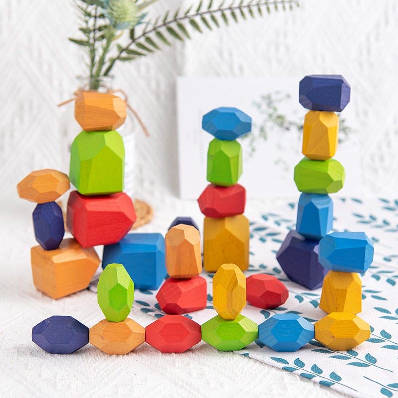 Kids Toy Wooden Colored Stone Jenga Building Block Educational Toys Warm Tone Cool Tone Log Color Rainbow Color Wooden Toy