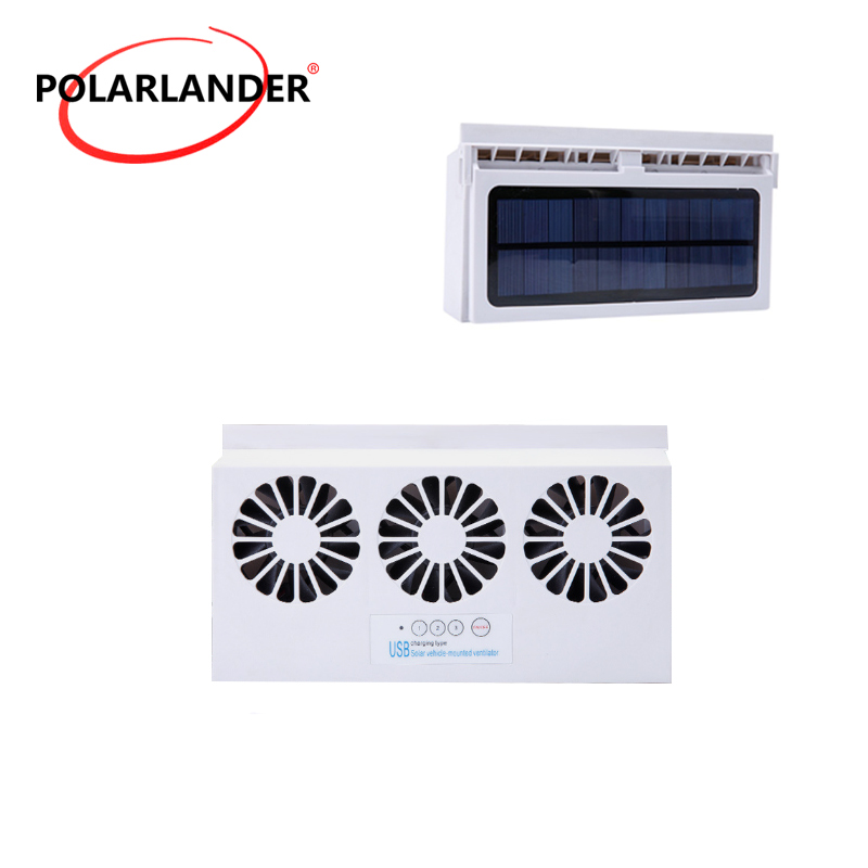 Ventilador solar de tres cabezales para coche, fuente de alimentación móvil, USB, color blanco