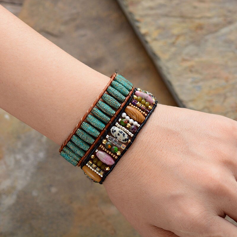 Vrouwen Boho Armbanden Gemengde Halfedelsteen Kralen Single Lederen Wrap Manchet Armbanden