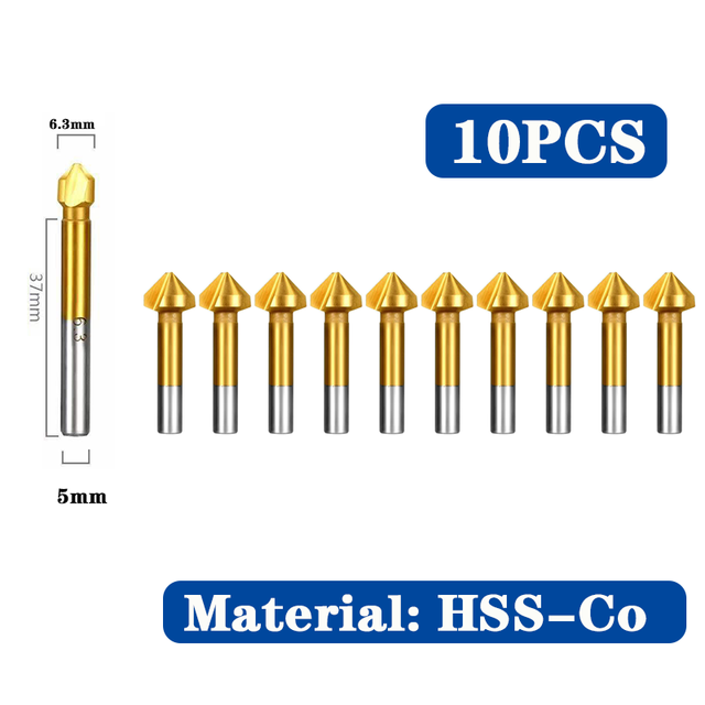 HSS Chamfer Chamfering Cutter End Mill Tool Countersink Drill Bit Set To Wood Stell Chamfer Cutter Power Tool 3 Flute 90 degree: M35 10pcs 6.3mm