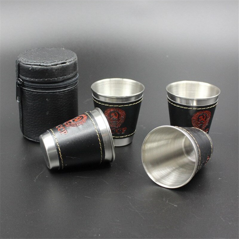 4 Stks/partij 70Ml Travel Cups Set Metalen Bekers Voor Wijn Bier Whiskey Mokken Outdoor Camping Servies Met Zwarte Pu lederen