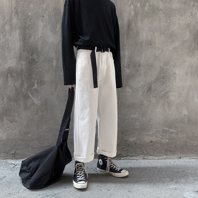 Blå hvid straight jeans herre vaskede casual retro jeans bukser herre streetwear vilde løse hip hop denim bukser m -2xl