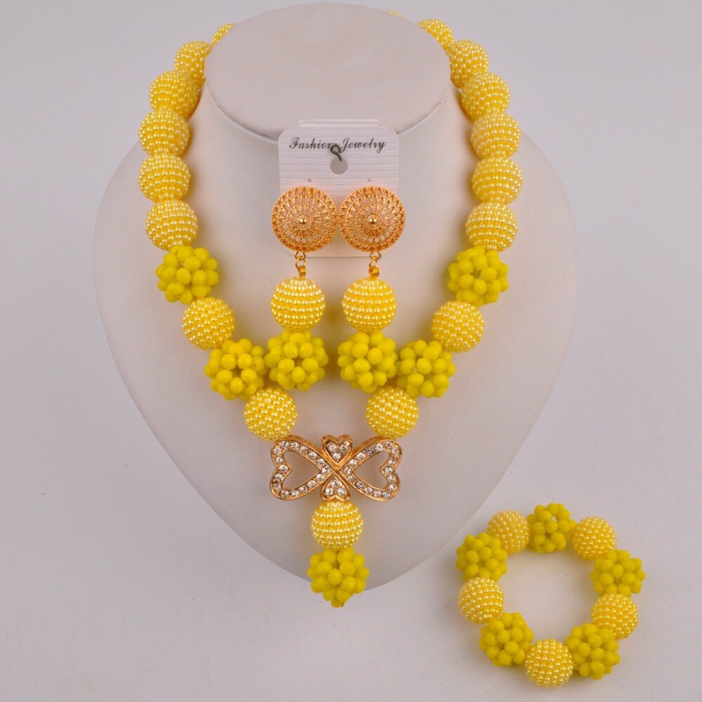 Nigeriaanse bruiloft, prachtige bruidssieraden, afrikaanse sieraden, rode imitatieparel, kristallen sieradenset xx -82: Ondoorzichtig geel