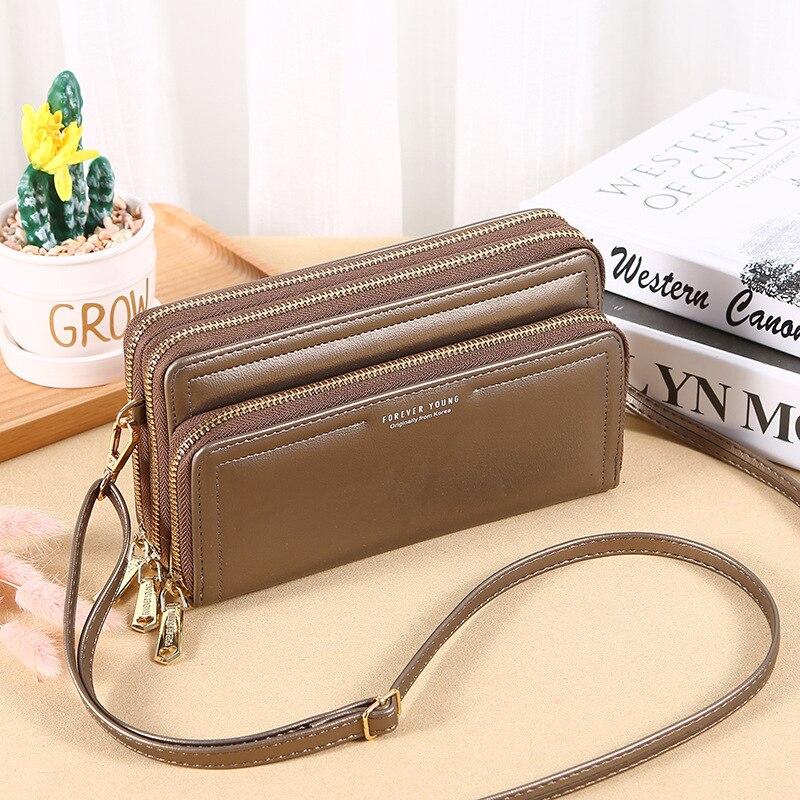 Dames Lederen Lange Portemonnee Vrouwelijke Dubbele Laag Dubbele Rits Grote Capaciteit Clutch Vrouwen Enkele Schouder Purse Crossbody tas: Brown1