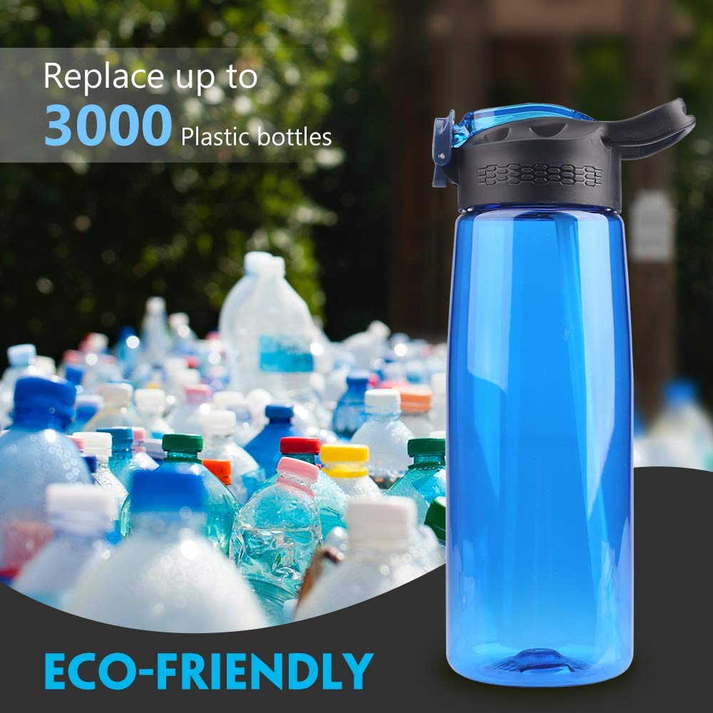 Garrafa com filtro de água para viagem, purificador de água sem bpa com 4 estágios, filtro integrado, canudo para acampamento