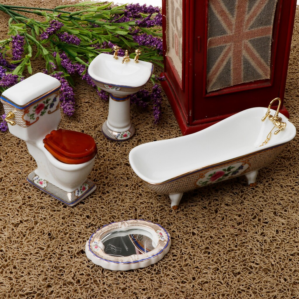 1/12 dockhus i miniatyr badrumsset med blommig toalett badkar handfat  #3