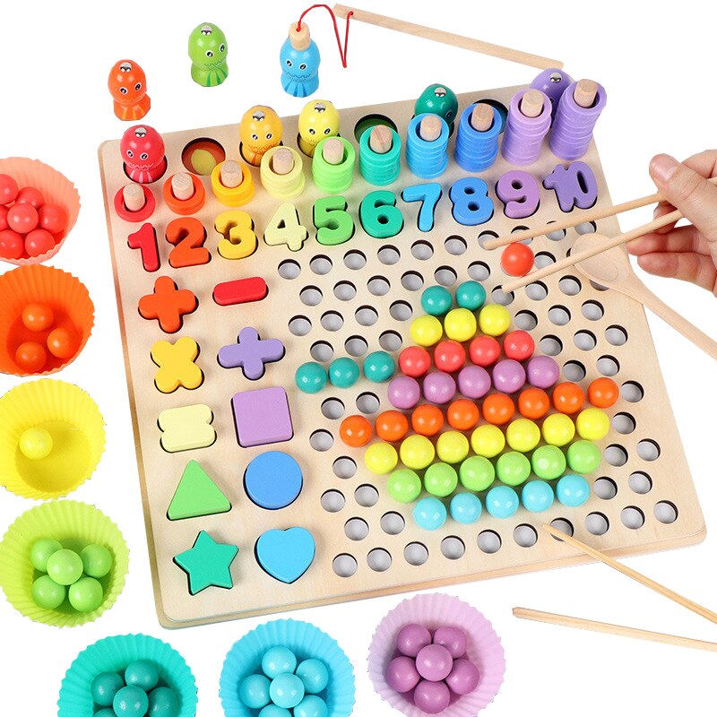 Kids Multifunctionele Educatief Math Speelgoed Voor Kinderen Clip Kralen Vissen Game Vorm/Kleur Baby Leren Onderwijs Houten Speelgoed: Default Title