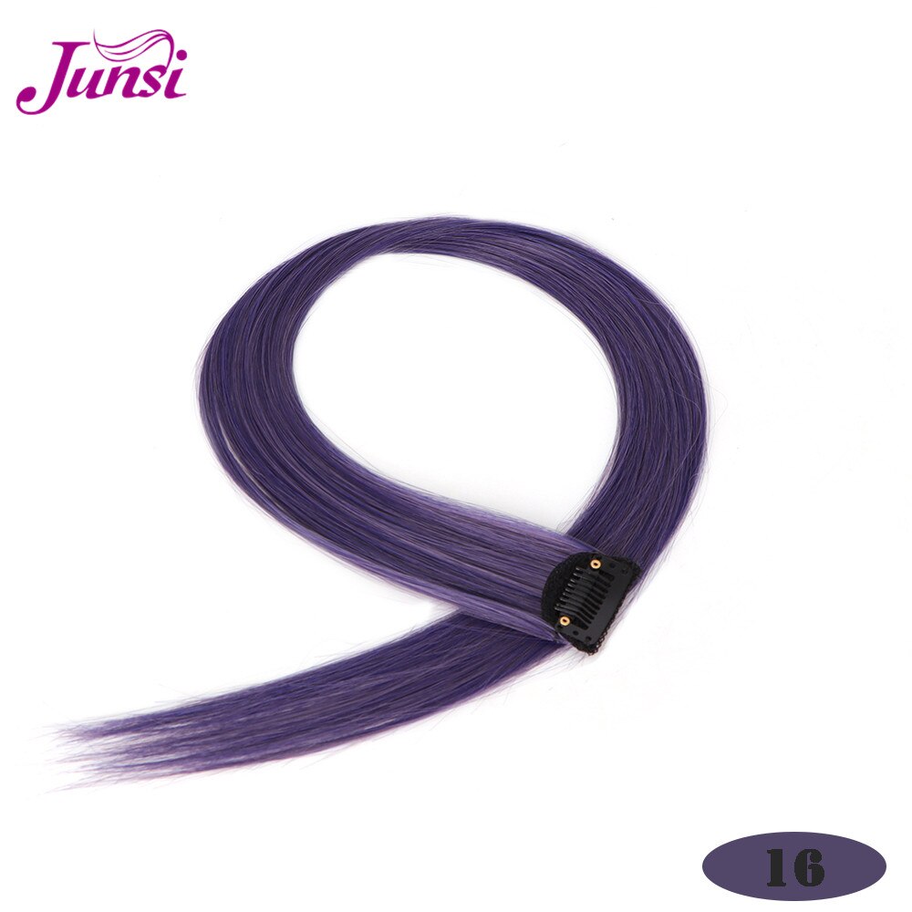 JUNSI Colored Hair Strands Hair Extension Long Straight Female Rainbow Hair Pieces A Clip Heat Resistant Synthetic Bundles: 16
