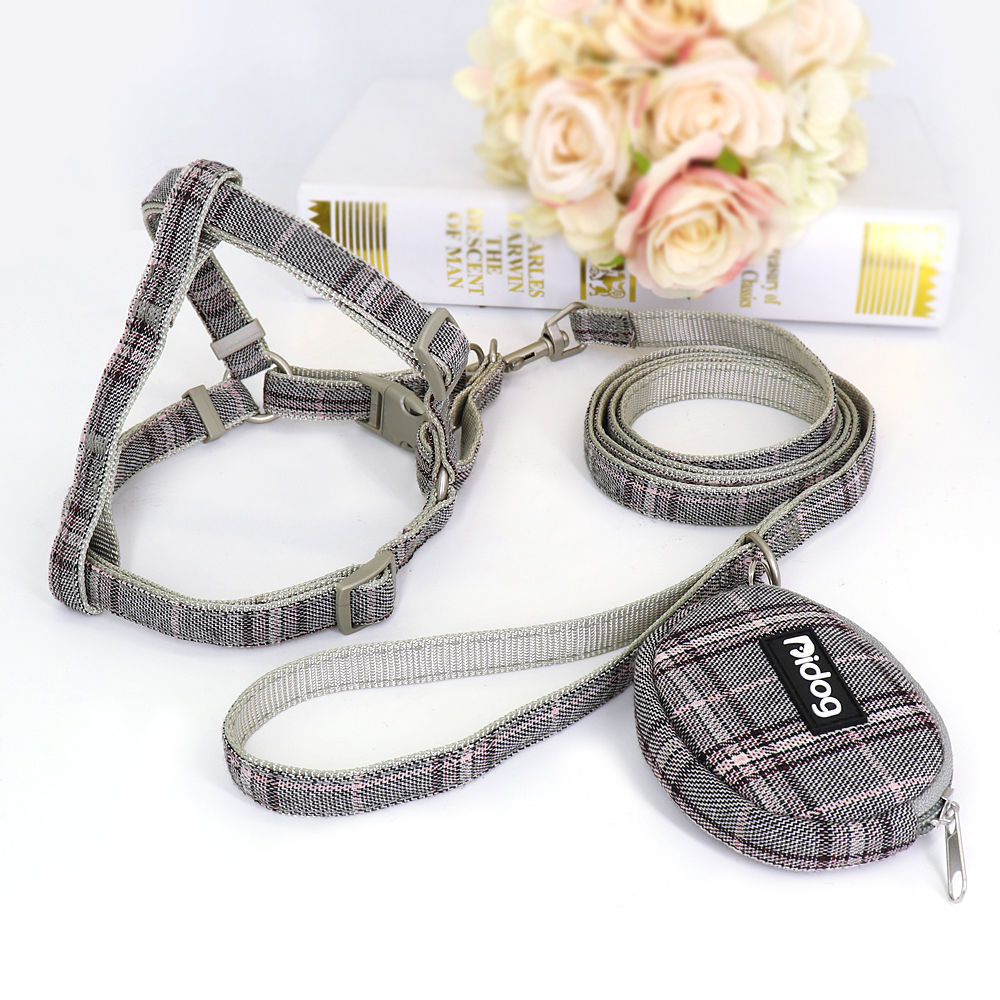 Ademend Nylon Dog Harness en Leash Set Plaid Kleine Medium Honden Harnas Huisdier Wandelen Lead Touw Met Snack Tas Voor pitbull Pug: Gray / S