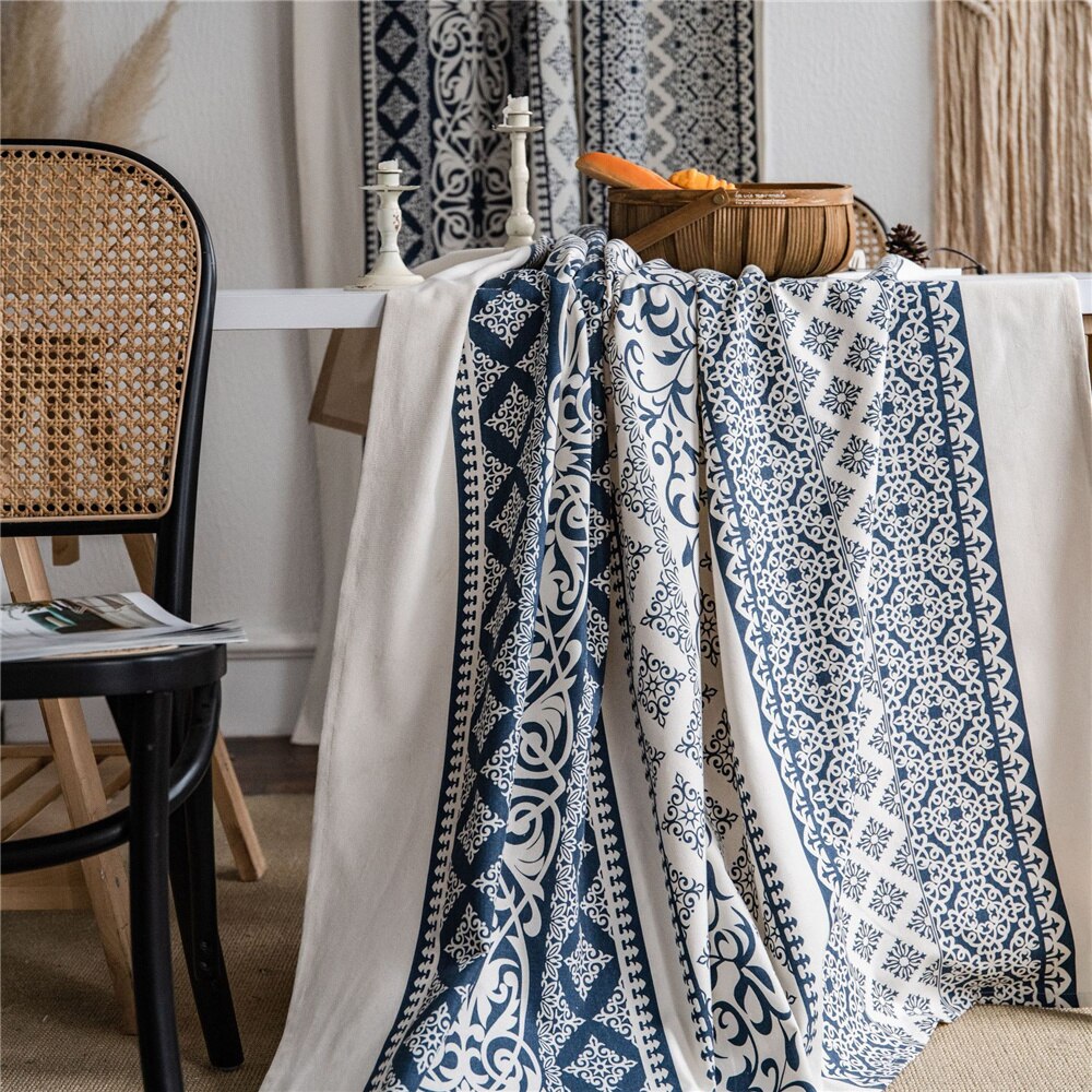 Cortina de lino estampado de algodón para el hogar, cortina semiopaca de cocina de porcelana azul y blanca de 1,5 M de ancho, cortina de ventana de la Bahía