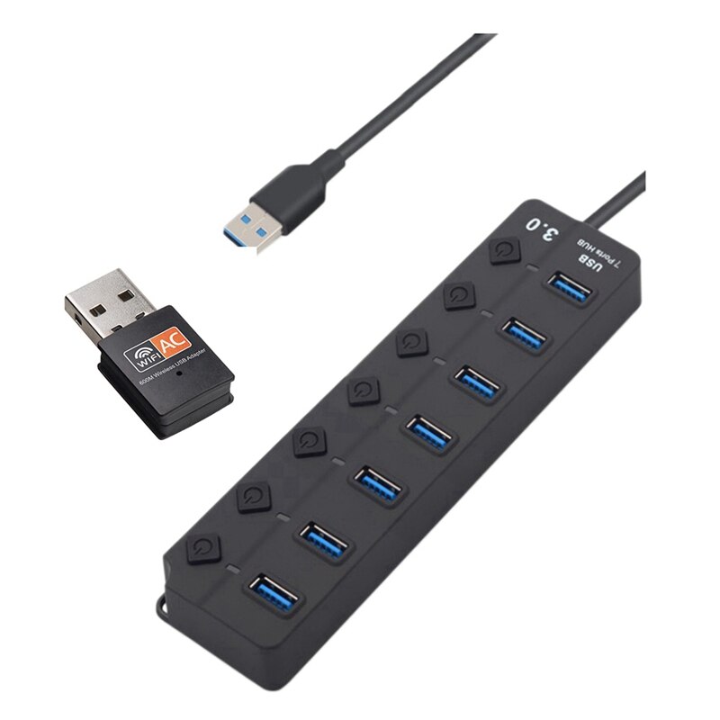 USB Hub 3.0 High Speed 5GBPS 7Port Multi Splitter Adapter On/Off Switch & USB WiFi Adapter 2.4GHz 5GHz Dual Band 600Mbps