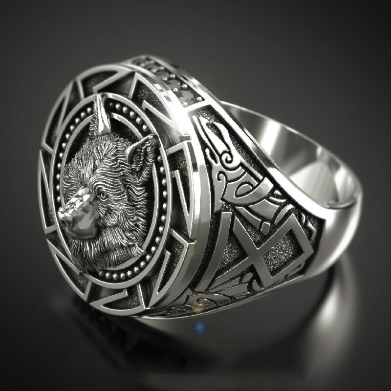 Mænds s 925 vintage ulv totem thai sølvring nordisk mytologi viking kriger ulvhoved mænds ring