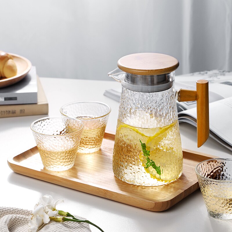 Glas kallvattenkokare glaskanna med trähandtag lock tekanna för tevatten fruktjuice 950ml
