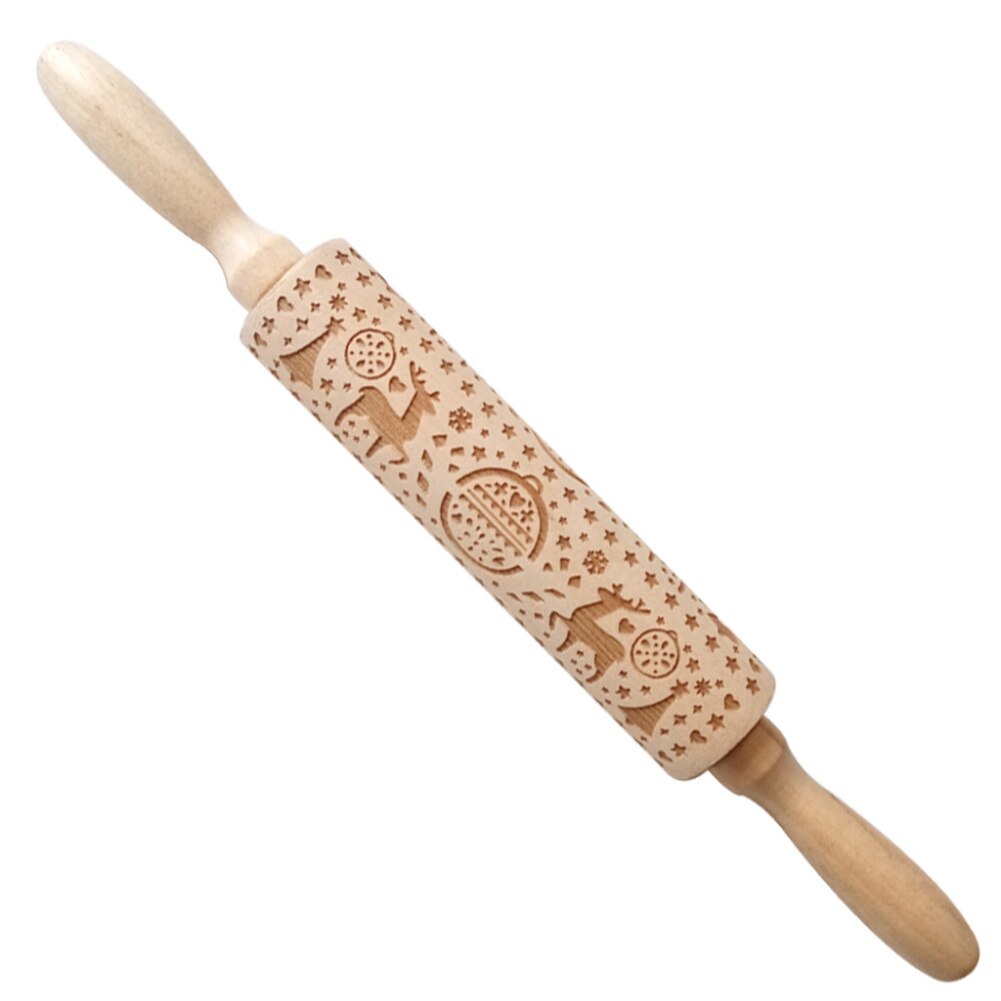 Wood Embossing Pizza Roll Pin Fondant Dough Deer Pattern Engraved Roller Stick Baking Pastry Tool Baking Christmas Accessories: H