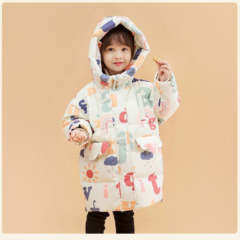 Korean Graffiti Cotton-padded Jacket Baby Girls Mid-length Thick Warm Cotton Jacket Winter Printed Letters Windproof Parkas