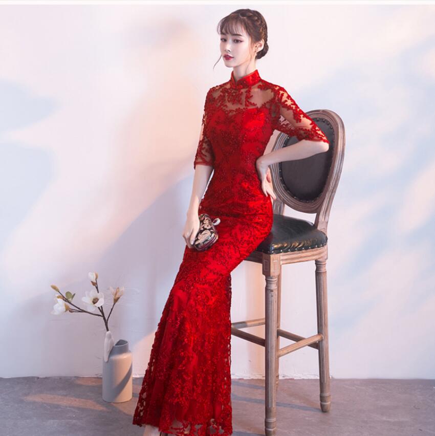 Robe longue Qipao en dentelle, rouge, pour la mariée, tenue sirène, pour le mariage chinois traditionnel, tenue chinoise orientale: M
