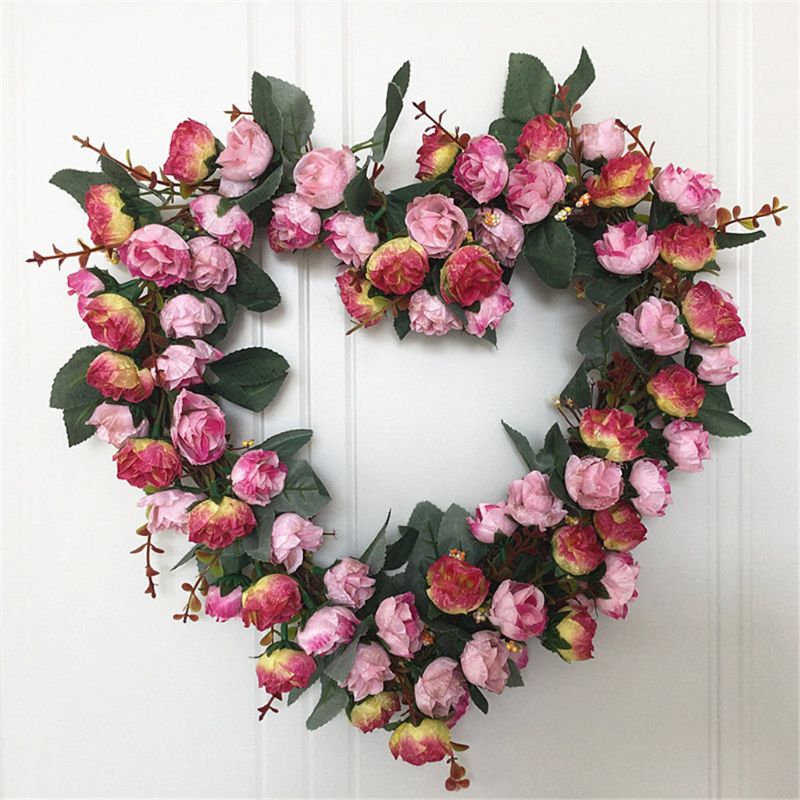 Artificial Flowers Heart-shaped rose Wreath Spring Wreath Outdoor for Front Door 57BB