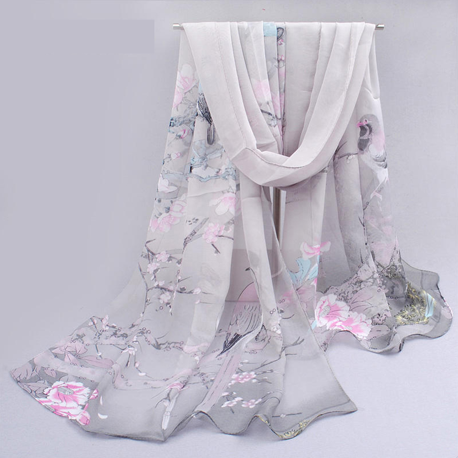 Bufanda de gasa para mujer, bufanda de seda sintética con patrón de urraca, bufanda larga de gasa, bolso de hombro con protección solar, pañuelo para la cabeza: Gris claro