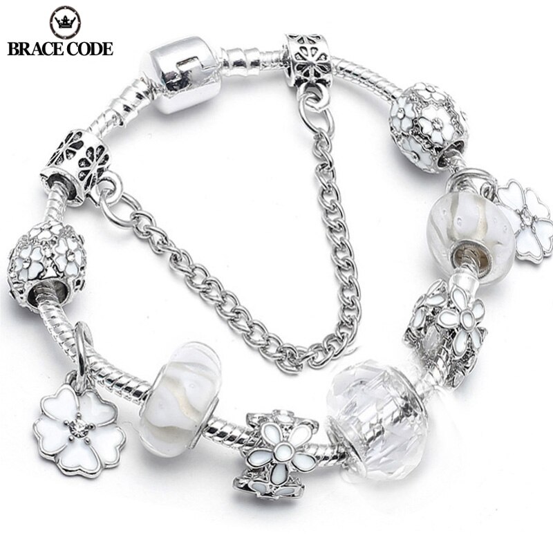 White Crystal Flower Dangles Charm Bracelet Plant Beads Brand Bracelet For Women Couple Anniversary Jewelry