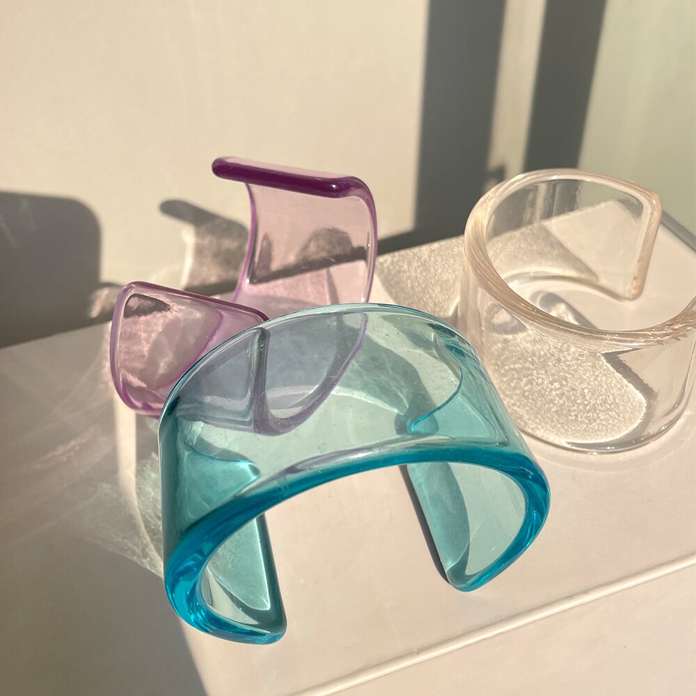 HZ – Bracelet Transparent en résine acrylique colorée, géométrique, Simple, ouvert, Version large, pour femmes et filles, de bijoux,