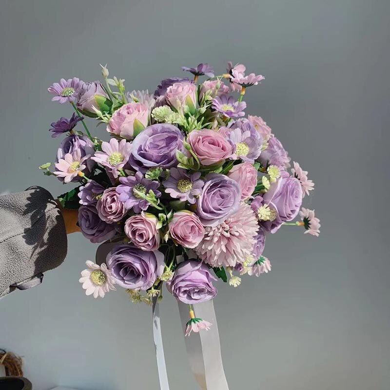 Real berühren Lila Rustikalen Lila Rose Blumen Hochzeit Blumensträuße Künstliche Champagner Boda Braut Strauß Dekoration Für Braut PH66