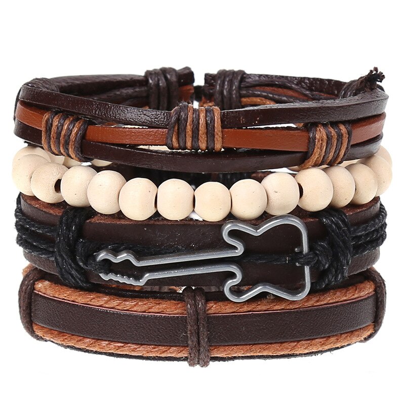 Pulseira de couro trançado 4 pçs/set, pulseiras para homens e mulheres, vintage, contas de madeira, cruz, étnica, esperança