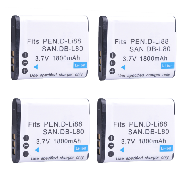 1800mAh DB-L80 D-Li88 Battery for Pentax Optio P70, P80, W90, WS80, for Panasonic HXDC1, DC2, for Sanyo Xacti VPC-CA100, CA102: 4x Battery