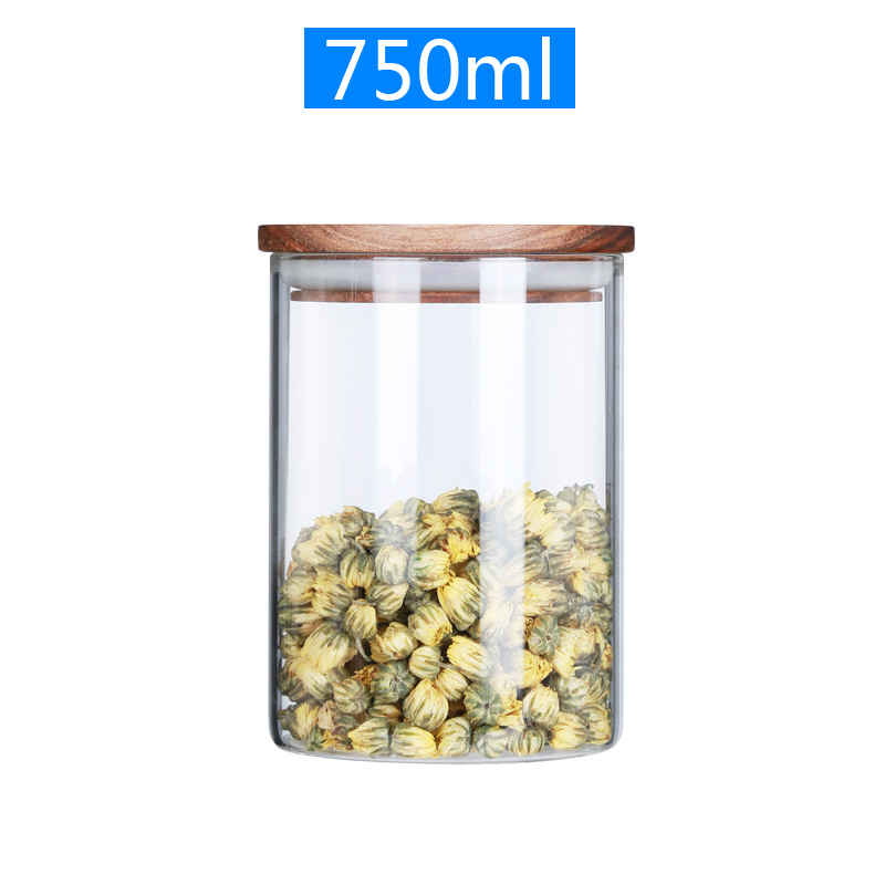 storage tank tea pot Glass sealed jars Food storage tank moisture-proof and insect-resistant high-grade acacia wooden lid: 750 ml
