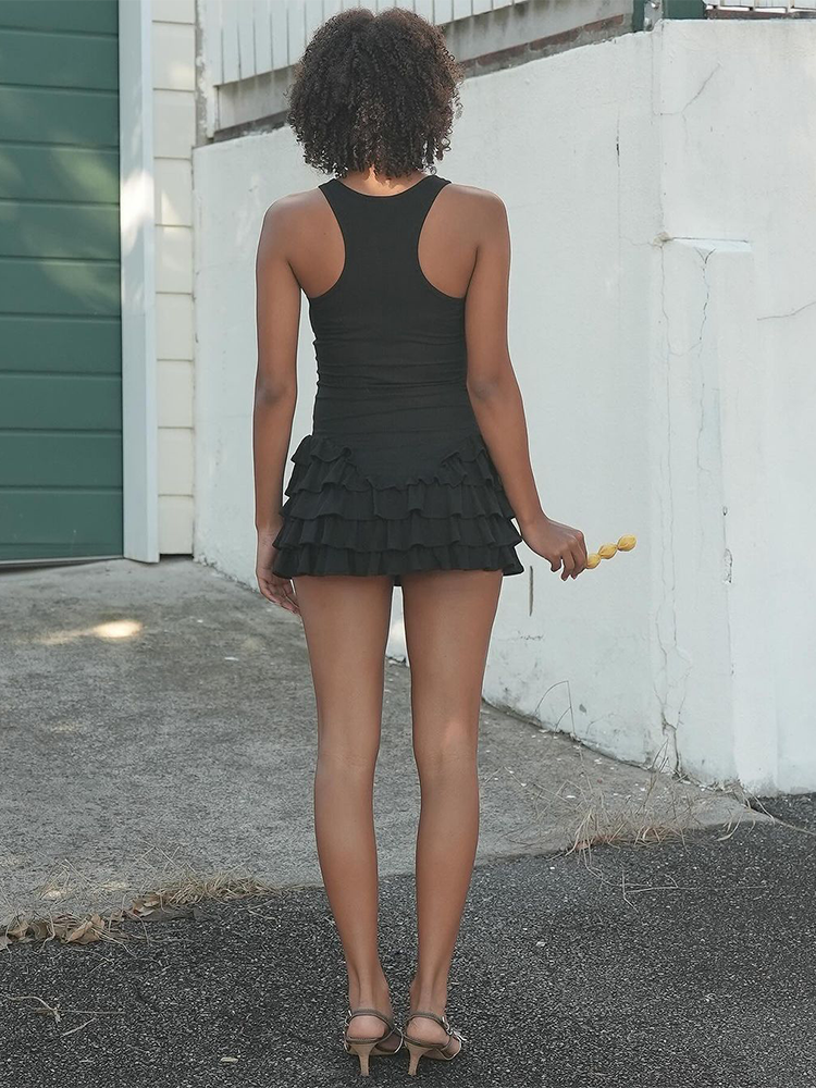 Absobe-Vestido corto ajustado con volantes y lazo para mujer, minivestido ajustado con cuello en U, ropa de playa para verano