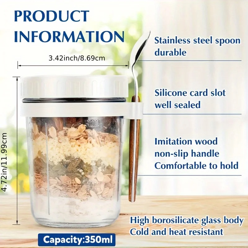 Taza de avena nocturna de 350ML, vaso con tapa y cuchara, taza para desayuno, taza portátil para cereales, leche, ensalada, yogur, artículo de cocina