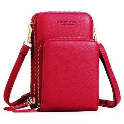 3-Layer Crossbody Bag Phone Bag Women Solid PU Leather Card Wallet Shoulder Bag Pocket Clutch Cellphone Bag: red