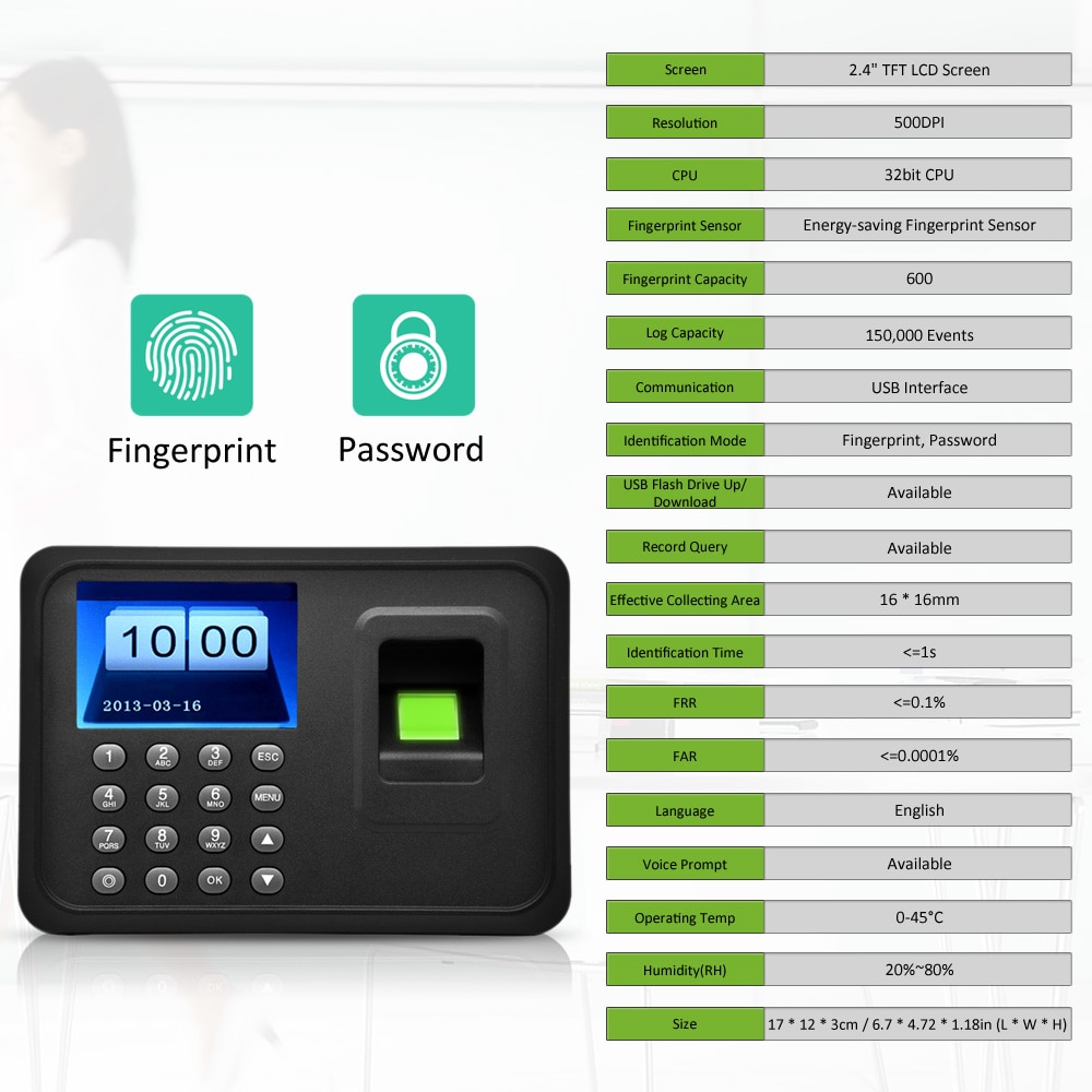 2.4 "tft lcd-scherm usb biometrische vingerafdruk aanwezigheidsmachine  dc 5v/1a tijdklokrecorder medewerker inchecklezer  a6