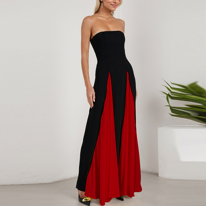 Forårskjoler med off-shoulder-motiv til kvinder sexet tube top farveblokeret patchwork lang kjole sommerkjole med ærmer og ryg: M / Sort