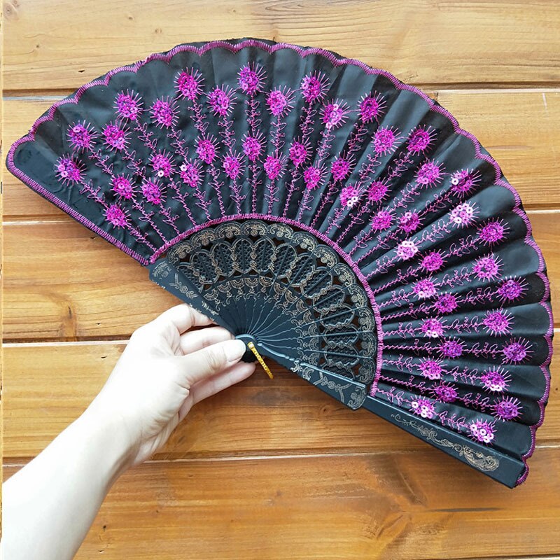 Art Fan Folding Tail Feather Plastic Bone Sequins Carved Hand Fan Summer Accessory Crafts Print Home Decor Embroidery