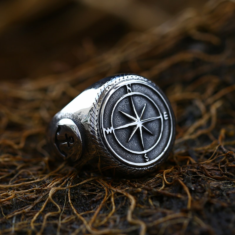 Beier Updated 316L Stainless Steel Compass Ring Axe Gothic Viking Ring Amulet Jewelry