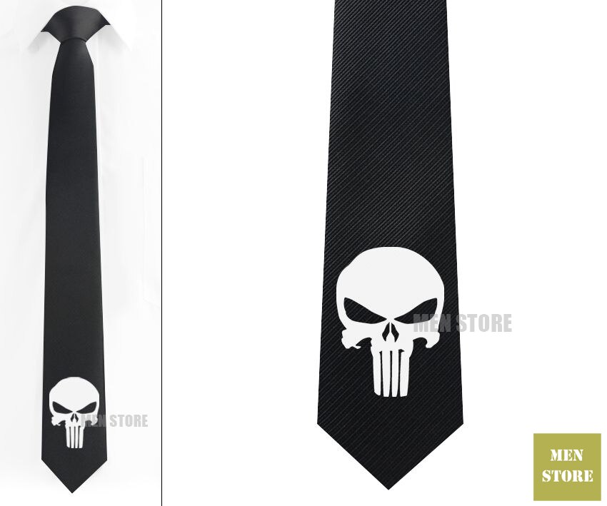 The Punisher Skull Ghost Men Jacquard Woven Skinny Narrow 2.3" Necktie 6 cm Neckwear Wedding Party Groom Tie Cufflink LK020M: Black tie White logo