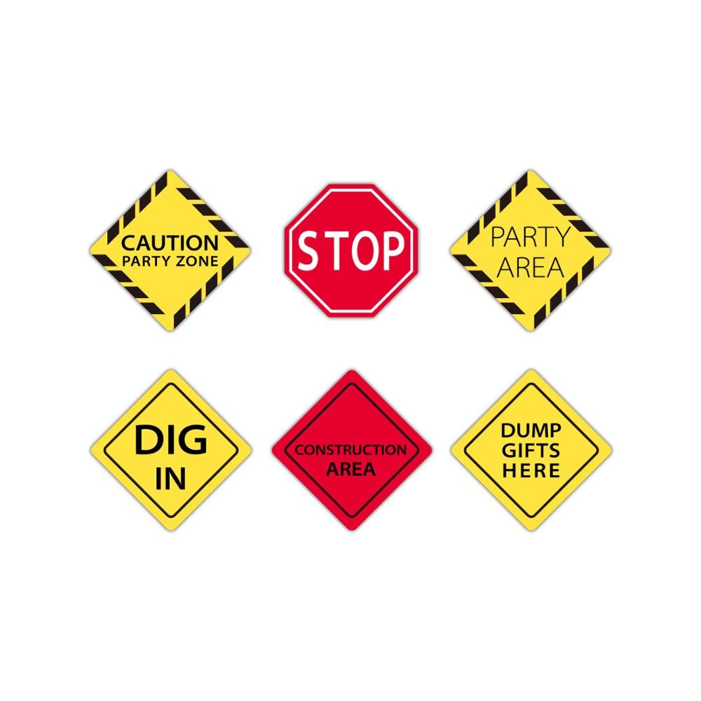 6pcs Construction party backdrop Excavator Construction warning sign sticker Vehicle Truck Signs Kids Boys Birthday party suppli: Default Title