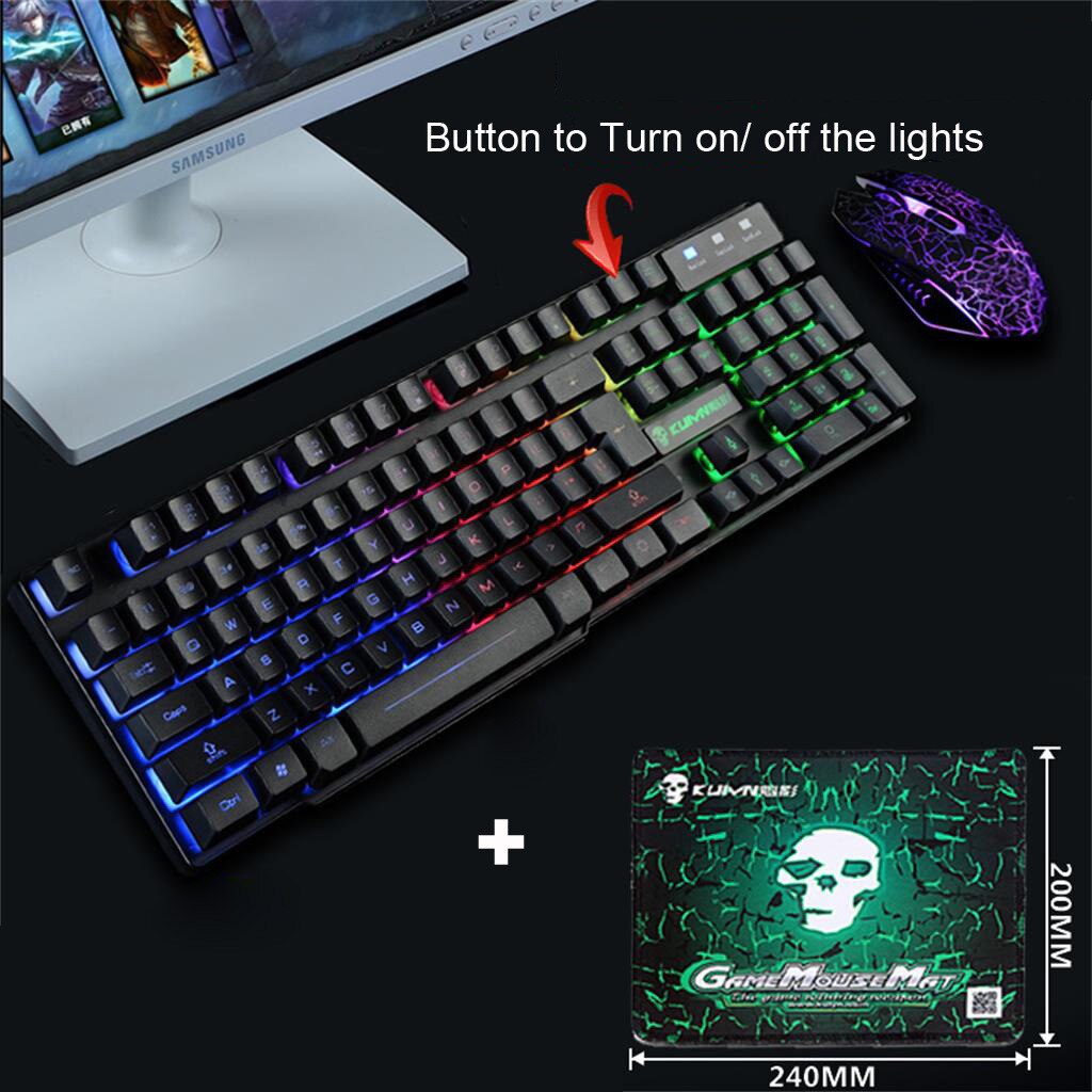 T6 Rainbow Backlight Usb Ergonomic Gaming Keyboard and Mouse Set for PC Laptop 2400DPI +104 full-size gaming keyboard set: BK