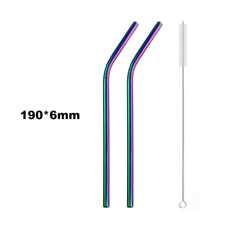 Pajilla de Metal reutilizable para beber, pajilla de Metal de acero inoxidable, paja colorida de arco iris de 16/19/21/23/26cm, diámetro de 6/8/12mm con 1 cepillo, 2 uds.: 190x6 Bent